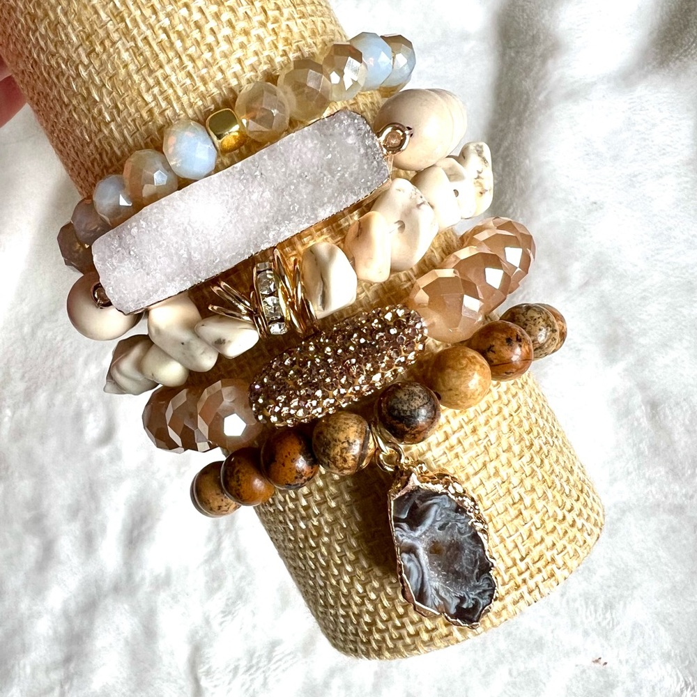 5 Bracelet Stack! Brecciated Jasper Druzy Solar Agate Mala Bead Set - Picture 1 of 6